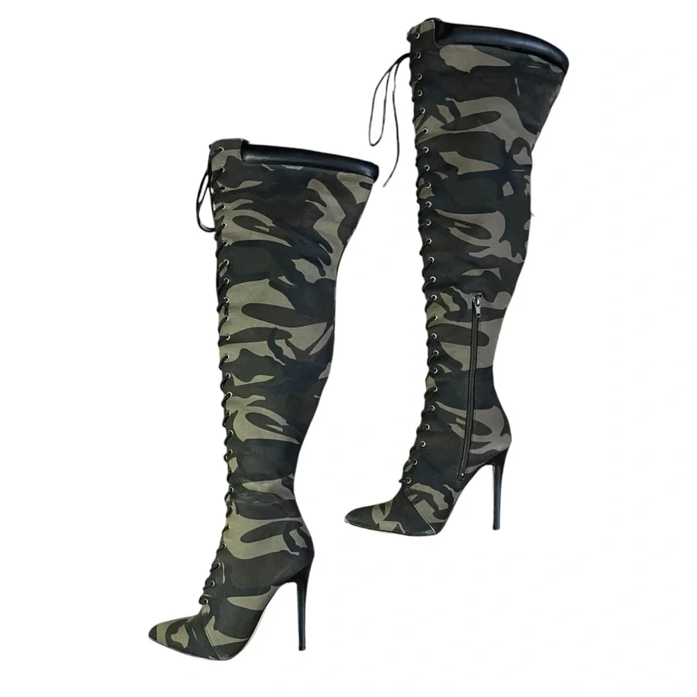 Over The Knee Camo Heels Lace Up‎ Boots | Clubwear Statement Shoes